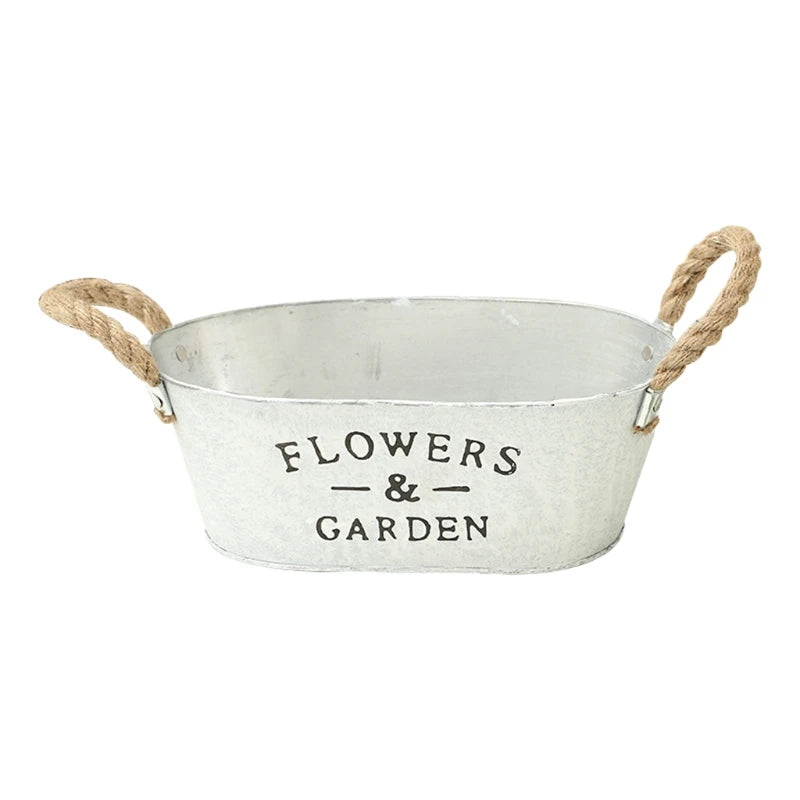 White Succulent Plant Container Rustic Bucket Flower Pot with Twine Handles Vintage Watering Pot Planting Gardening M21 23