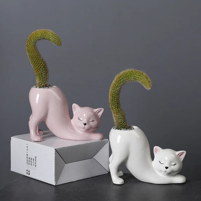 Cartoon Cat Flower Pot Vase Cute Cat Tail Succulent Planting Pot Porcelain Flower Vase Flowerpot Home Decoration Accessories