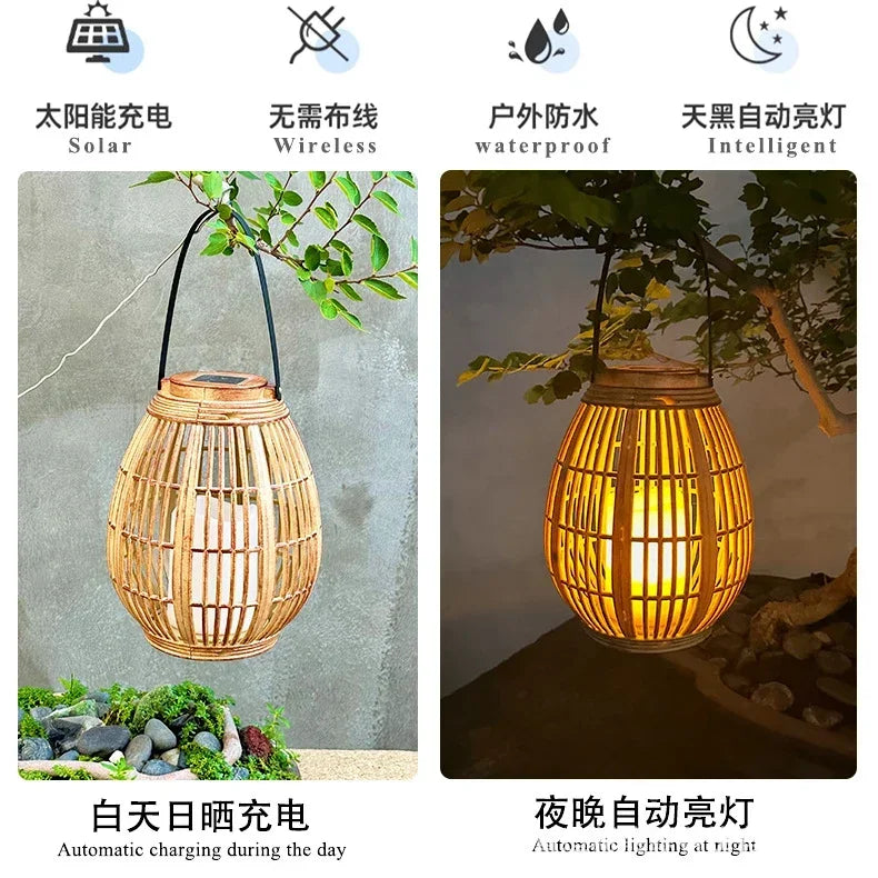 Outdoor Solar Imitation Rattan Lantern Courtyard Balcony Garden Decoration Candle Lights Creative Atmosphere Bamboo Chandelier