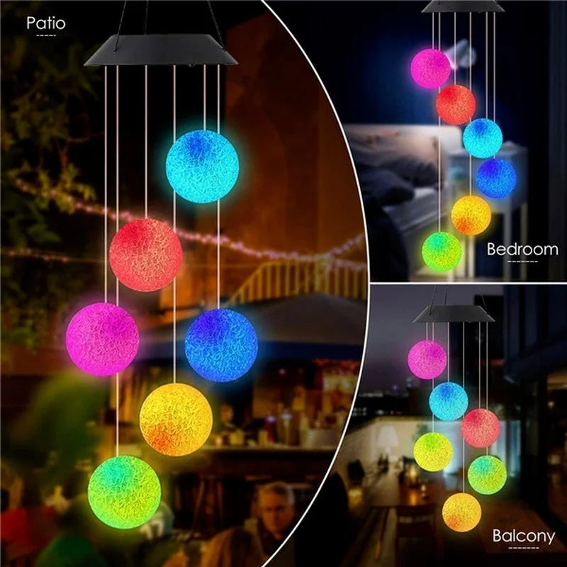 LED Solar Wind Chime Crystal Ball Hummingbird Wind Chime Light Color Changing Waterproof Hanging Solar Light for Home Garden