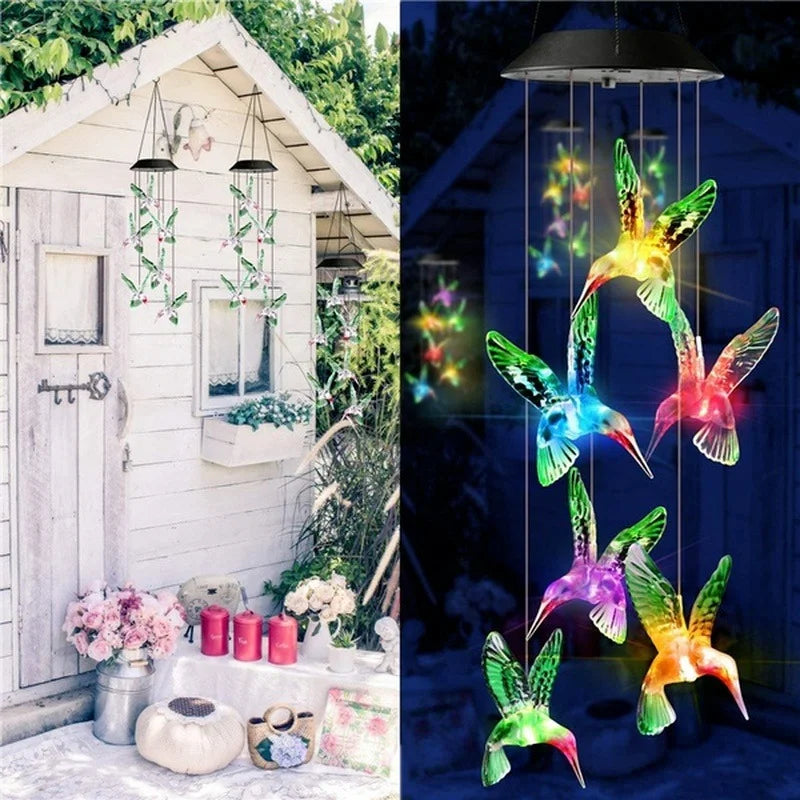 LED Solar Wind Chime Crystal Ball Hummingbird Wind Chime Light Color Changing Waterproof Hanging Solar Light for Home Garden