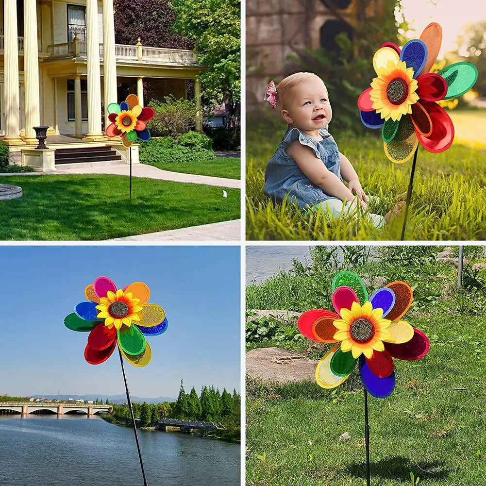 Double-layer Sunflower-shape Windmill Garden Park Outdoor Decoration Layout Pinwheels Colorful Sequin Windmill For Party Garden