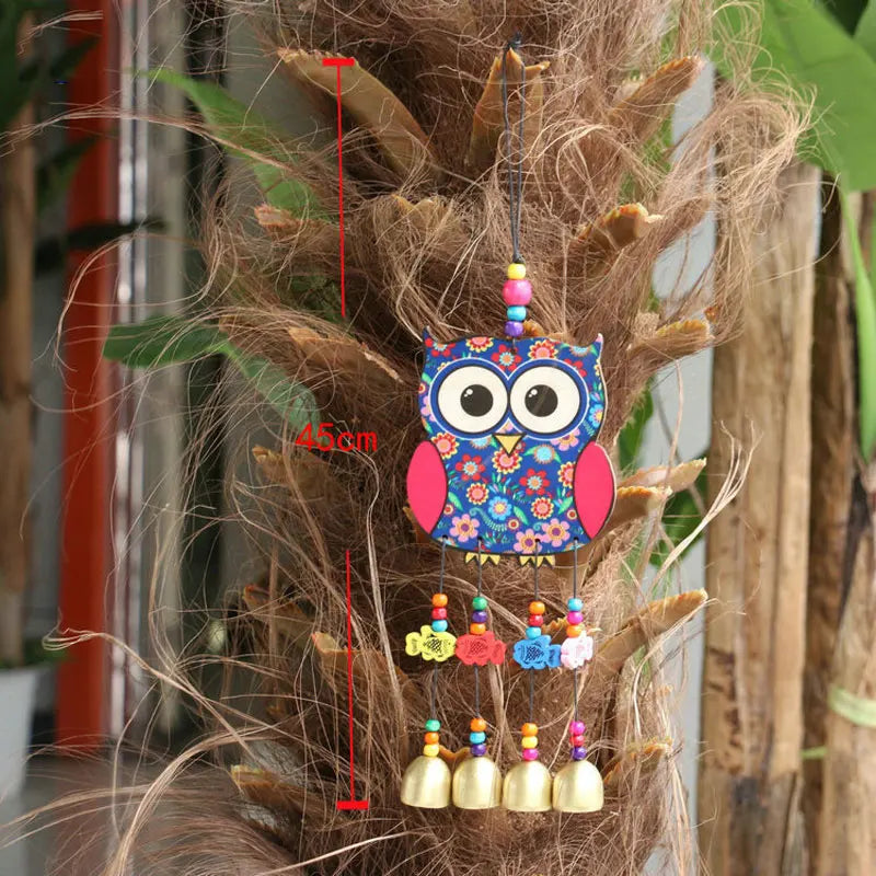 Painted Wooden Wind Chime National Style Peacock And Owl Animal Outdoor Wind Spinner With Bells Home Garden Decoration Ornaments