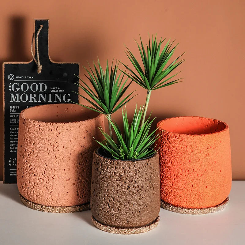 Nordic Cement Flower Pot Decoration Creative Mountain Stone Breathable Green Plant Potted with Tray Flowerpot Decoration