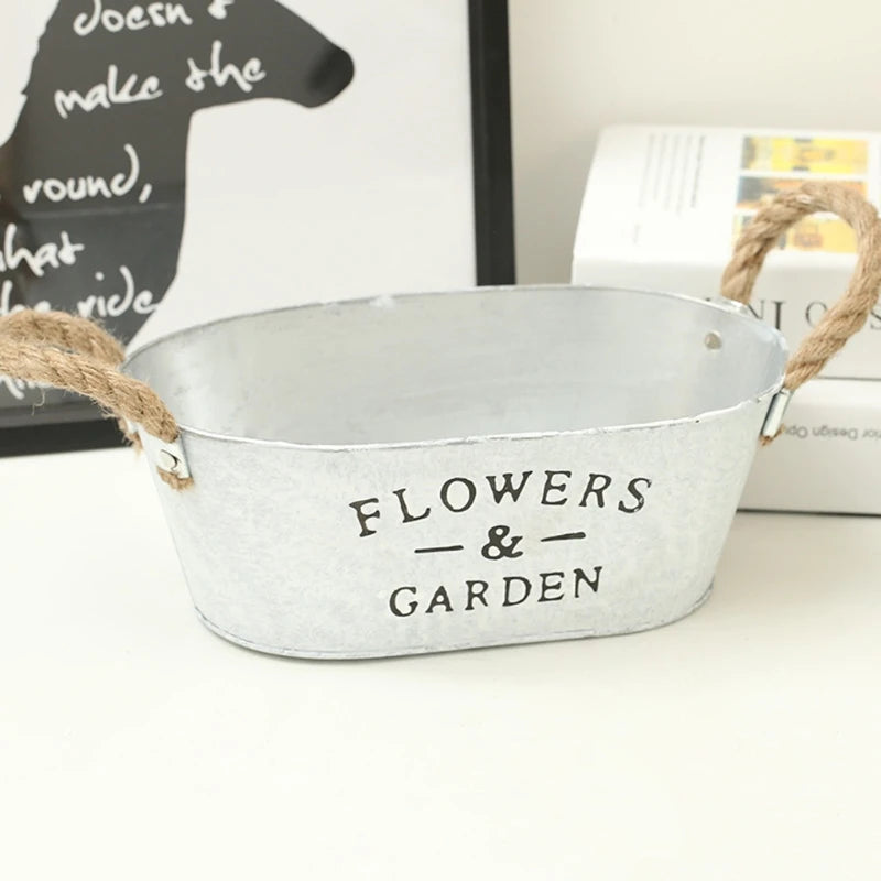 White Succulent Plant Container Rustic Bucket Flower Pot with Twine Handles Vintage Watering Pot Planting Gardening M21 23