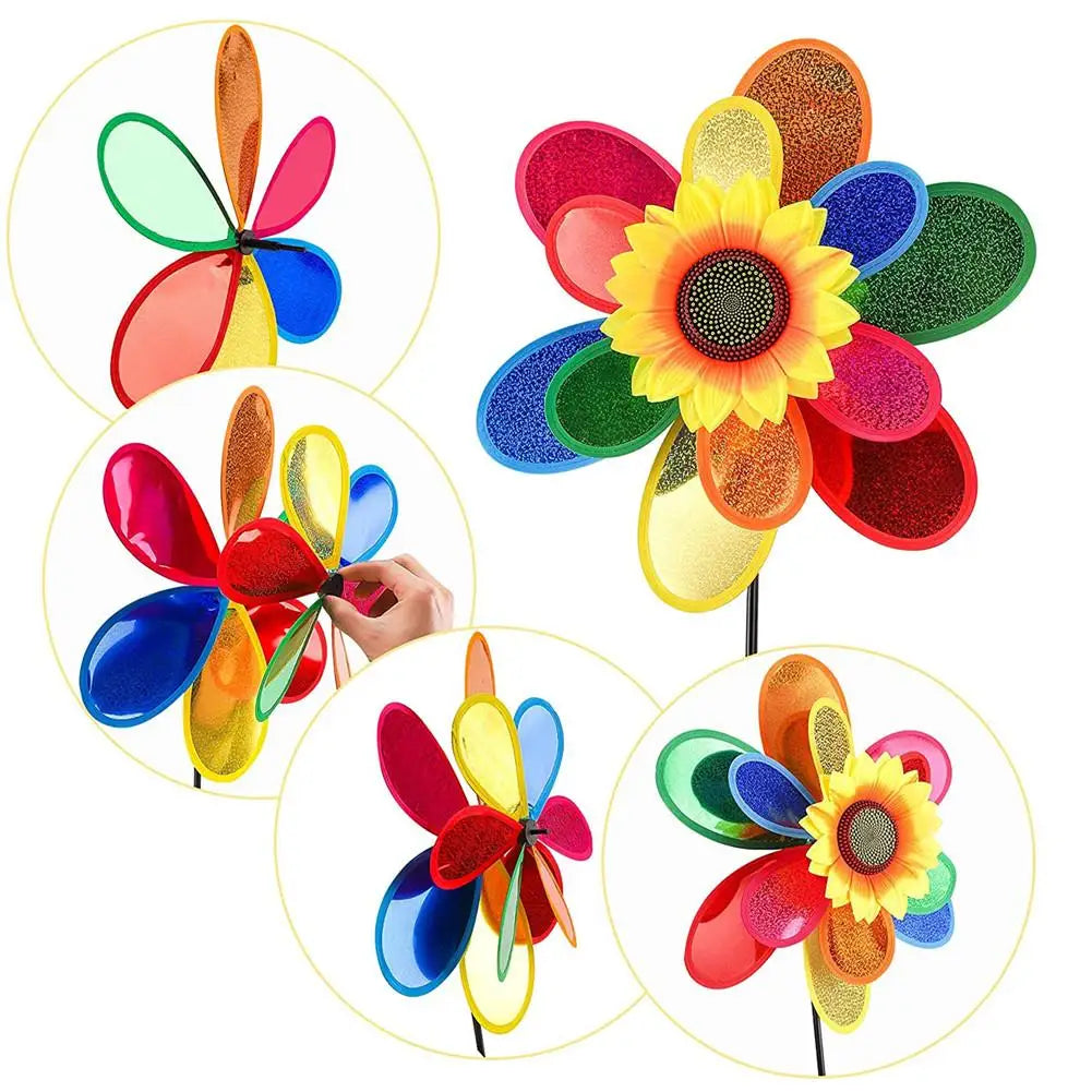 Double-layer Sunflower-shape Windmill Garden Park Outdoor Decoration Layout Pinwheels Colorful Sequin Windmill For Party Garden