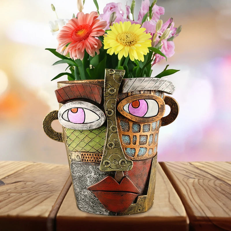 NORTHEUINS Resin Retro Face Colorful Abstract Art Succulent Flower Pots Resin Ornament Antique Flower Vase Potted Plan Container