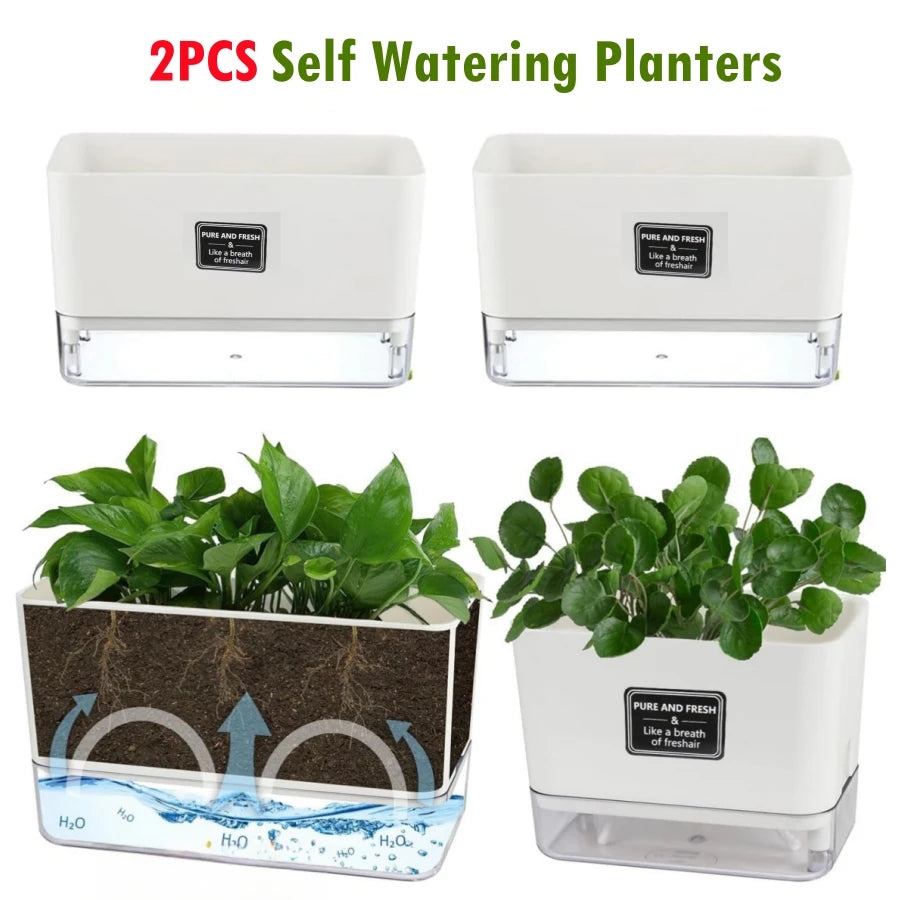 2PCS Self Watering Planters for Indoor Plants Windowsill Herb Planter Box Automatic Moisturizing Pots For Succulents Violets Ivy