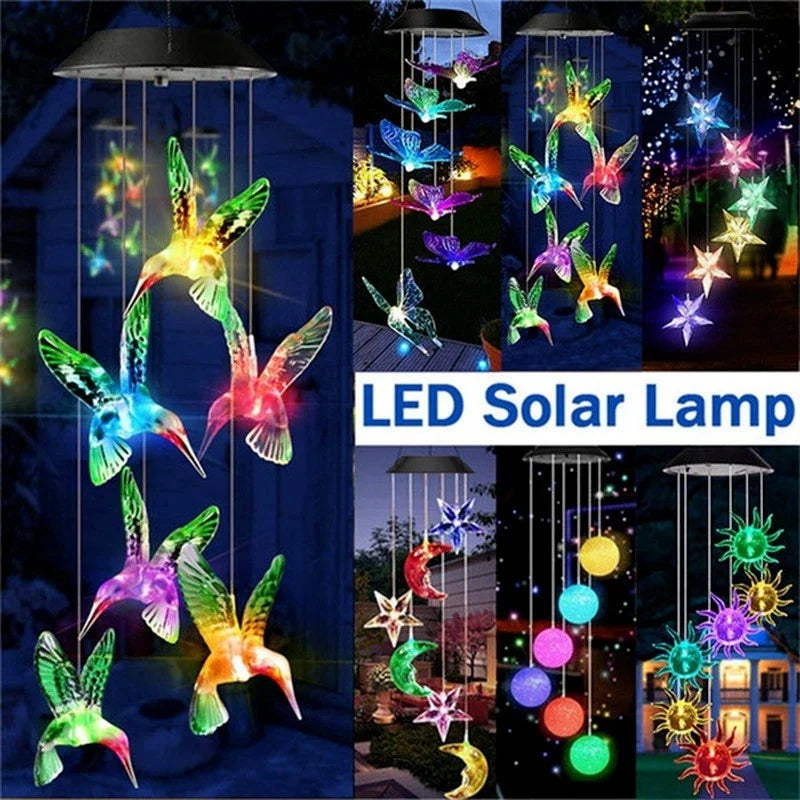 LED Solar Wind Chime Crystal Ball Hummingbird Wind Chime Light Color Changing Waterproof Hanging Solar Light for Home Garden