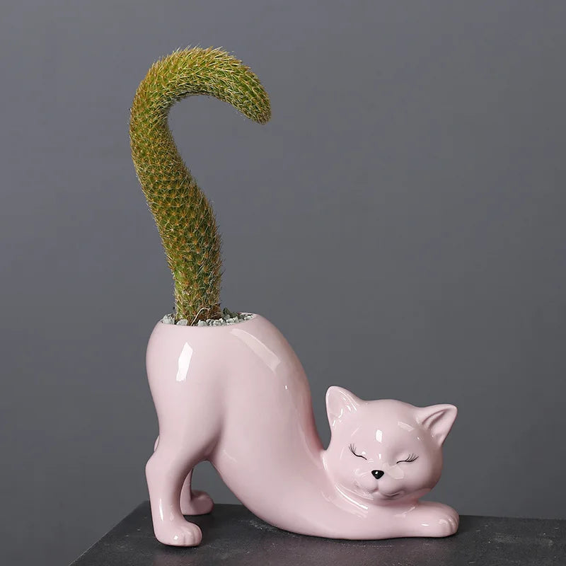 Cartoon Cat Flower Pot Vase Cute Cat Tail Succulent Planting Pot Porcelain Flower Vase Flowerpot Home Decoration Accessories