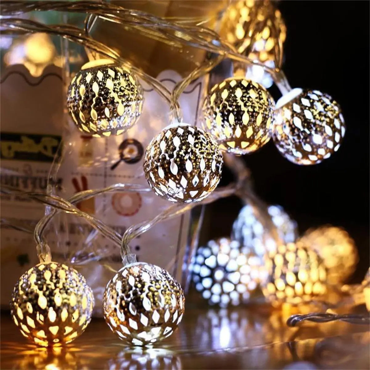 1pc LED Moroccan Fairy Lights Battery Operated Gold Globe String Lights For Outdoor Wedding Party Ramadan Festival Decoration