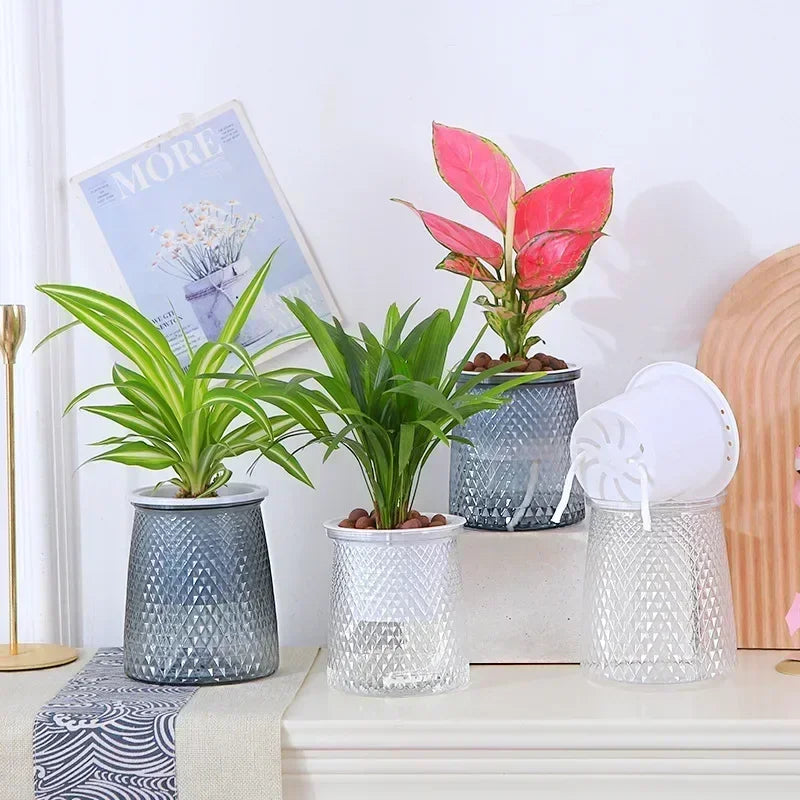 Double-layer Self Watering Plant Pot Transparent Plastic Flower Vase Automatic Lazy Potted Flower Pot Hydroponic Flowerpot Decor