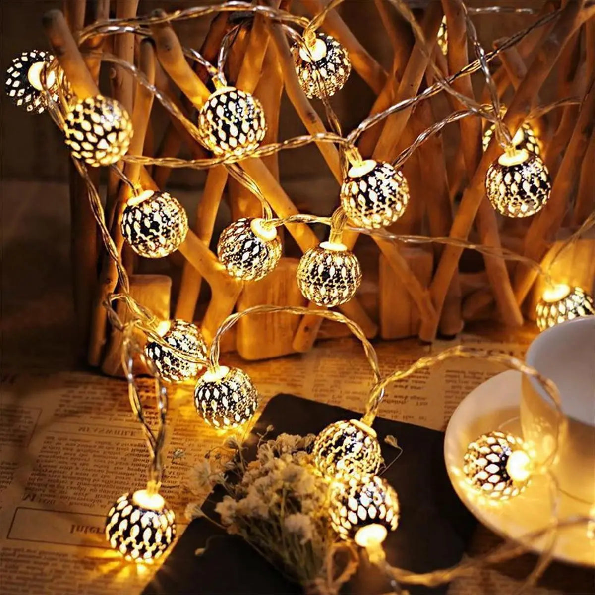 1pc LED Moroccan Fairy Lights Battery Operated Gold Globe String Lights For Outdoor Wedding Party Ramadan Festival Decoration