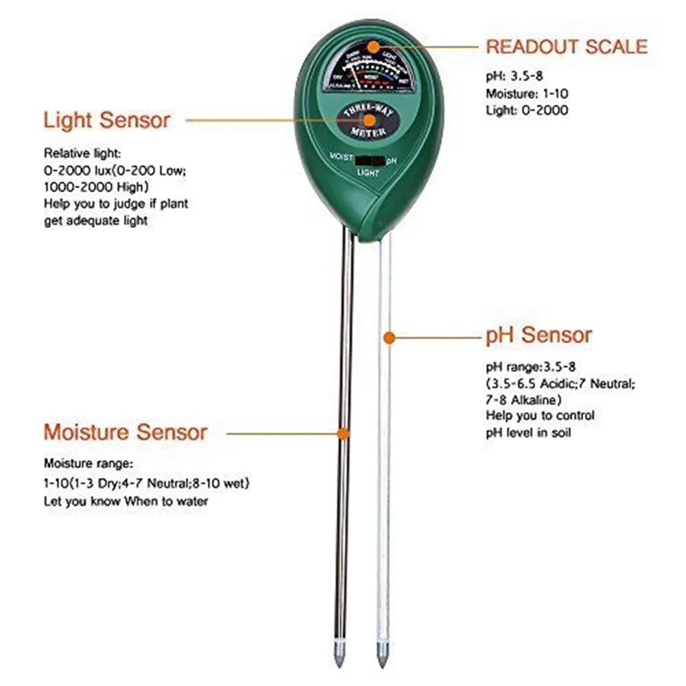 3 In1 Moisture Sunlight PH Meter Soil Water Acidity Humidity Light PH Test Garden Plants Flowers Moist Tester