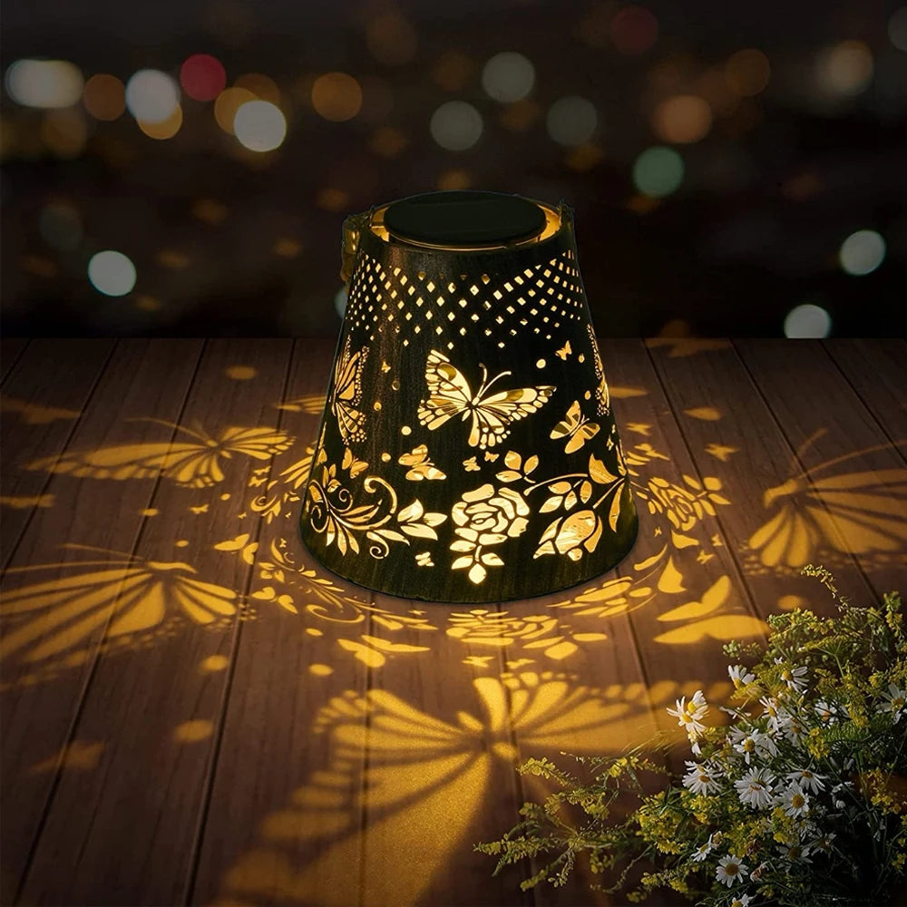 Solar Powered LED Hanging Lantern Butterfly Flower Projection Lamp for Outdoor Lighting Garden Decoration Rechargeable Sunlight