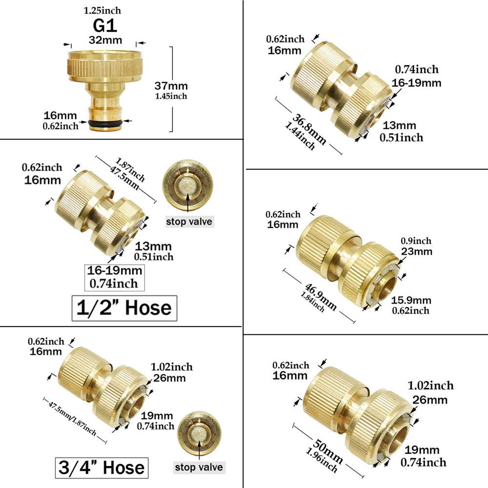 1/2'' 3/4'' 5/8" 1'' Brass Tap Quick Connecter 16mm 20mm Copper Hose Coupling Adapter Garden Watering Gun Water Stop Fittings