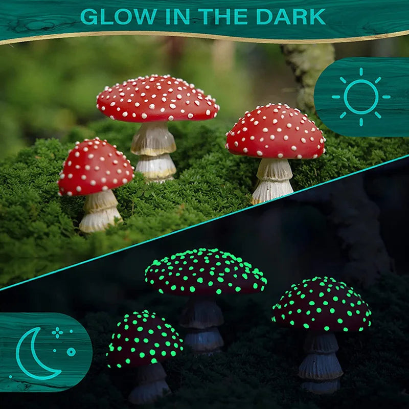 Mini Glow In The Dark Mini Mushroom Ornament Resin Crafts Fairy Garden Miniatures Terrarium Figurines Decor DIY Dollhouse