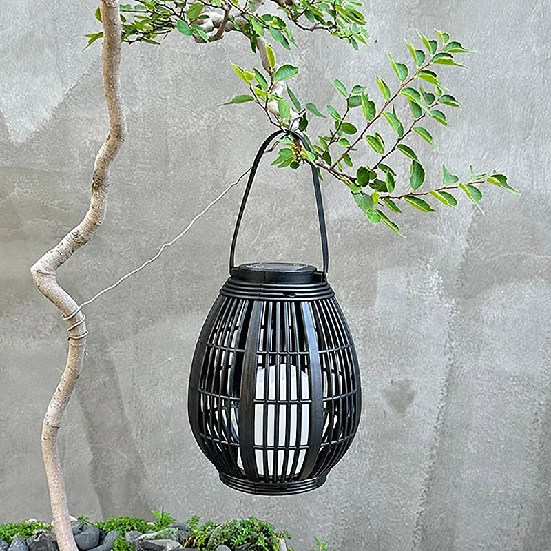 Outdoor Solar Imitation Rattan Lantern Courtyard Balcony Garden Decoration Candle Lights Creative Atmosphere Bamboo Chandelier