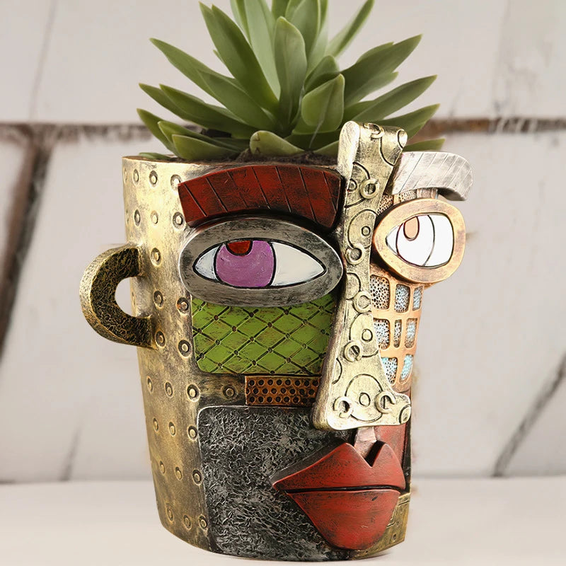 NORTHEUINS Resin Retro Face Colorful Abstract Art Succulent Flower Pots Resin Ornament Antique Flower Vase Potted Plan Container