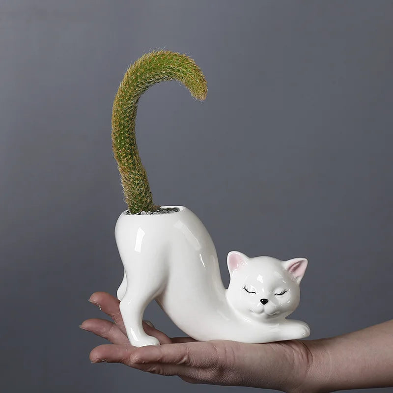 Cartoon Cat Flower Pot Vase Cute Cat Tail Succulent Planting Pot Porcelain Flower Vase Flowerpot Home Decoration Accessories