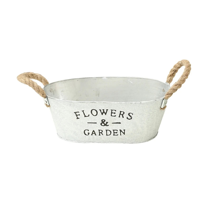 White Succulent Plant Container Rustic Bucket Flower Pot with Twine Handles Vintage Watering Pot Planting Gardening M21 23