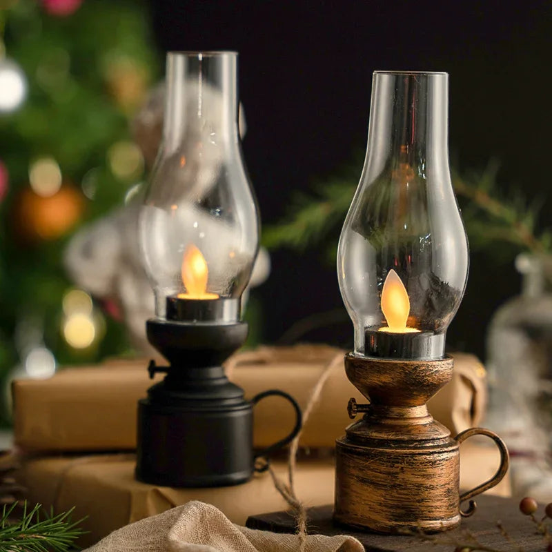 Electronic Kerosene Lamp Vintage Plastic Kerosene Lamp Chimney LED Battery Powered Candle Lamp Christmas Home Party Decoration