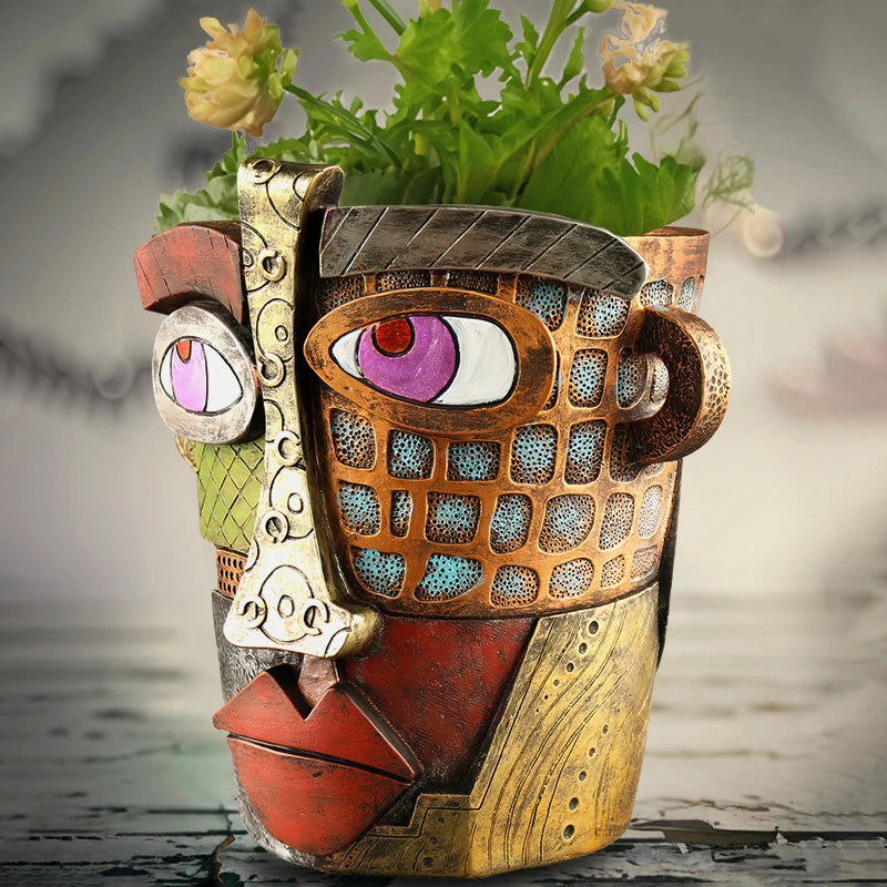 NORTHEUINS Resin Retro Face Colorful Abstract Art Succulent Flower Pots Resin Ornament Antique Flower Vase Potted Plan Container