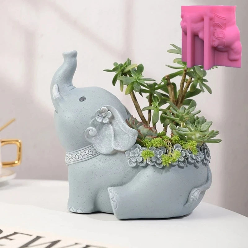 Cute Elephant Meaty Plant Flower Pot Resin Silicone Mold Elephant Storage Box Candle Cup Concrete Cement Gypsum Silicone Mold