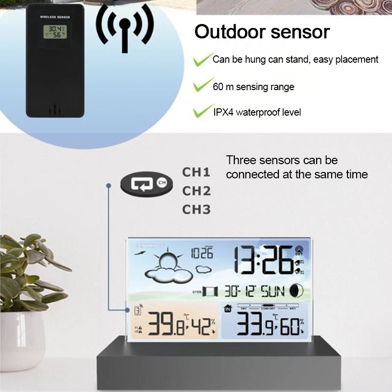 Multifunctional Digital Weather Station Weather Forecast Alarm Clock Indoor Outdoor Temperature Sensor Humidity Meter Calendar