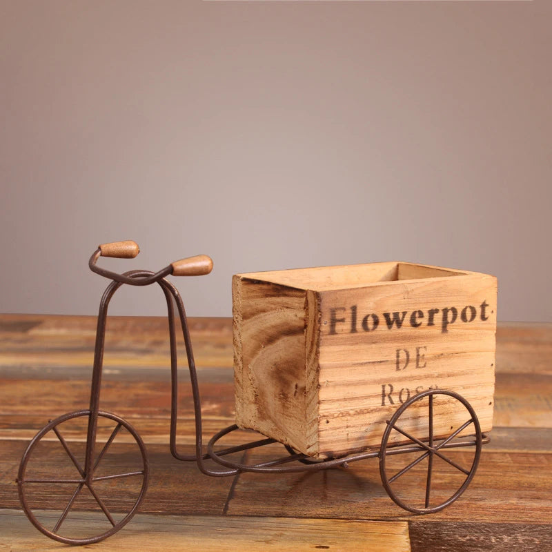 Retro Flower Pot Wooden Bicycle Shaped Succulent Planter Iron Art Flowerpot Flower Stand Home Yard Garden Decoration Crafts