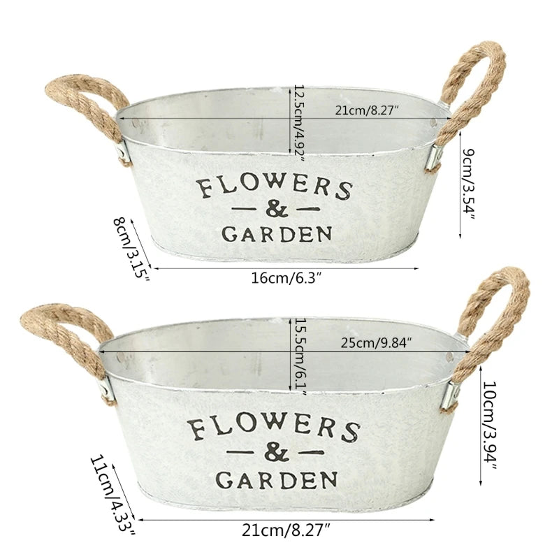 White Succulent Plant Container Rustic Bucket Flower Pot with Twine Handles Vintage Watering Pot Planting Gardening M21 23