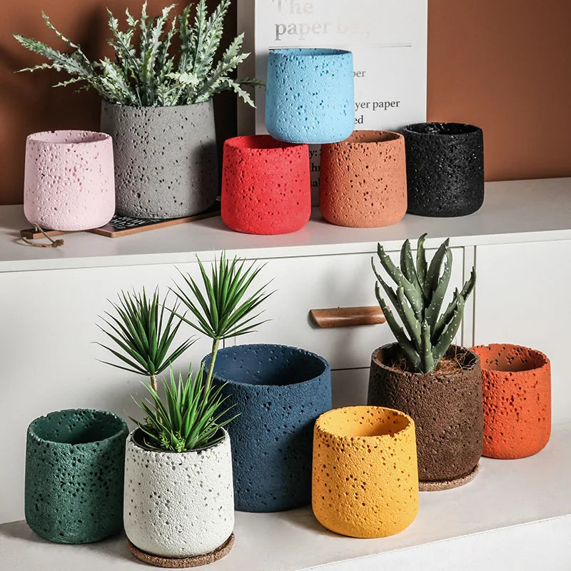 Nordic Cement Flower Pot Decoration Creative Mountain Stone Breathable Green Plant Potted with Tray Flowerpot Decoration