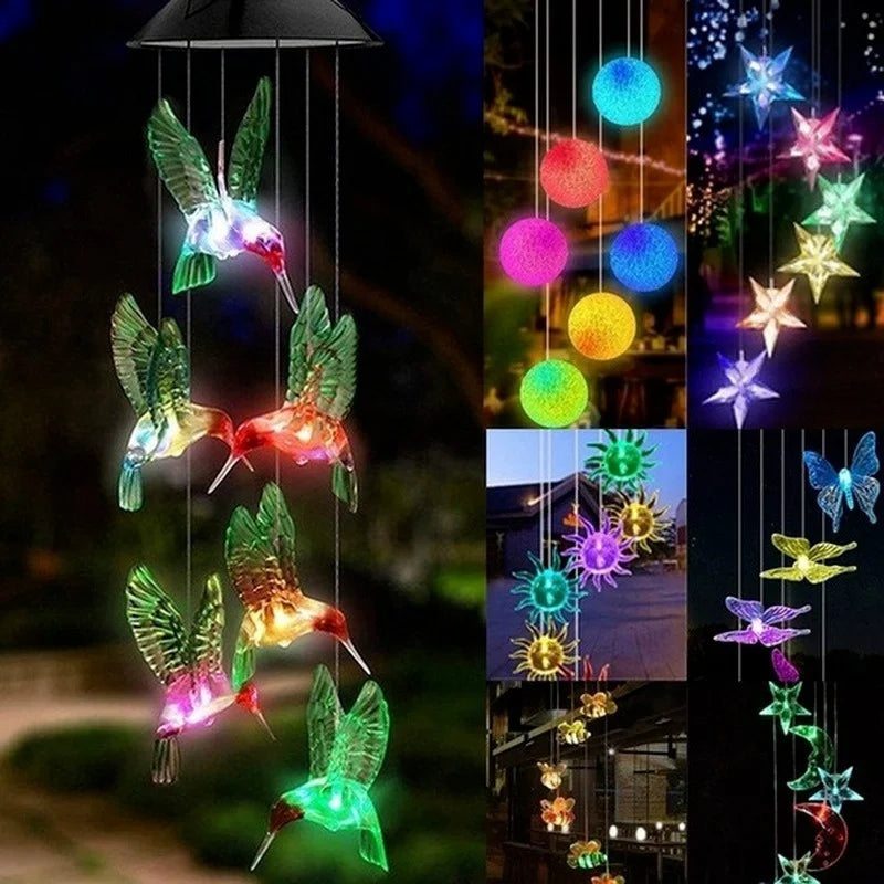 LED Solar Wind Chime Crystal Ball Hummingbird Wind Chime Light Color Changing Waterproof Hanging Solar Light for Home Garden