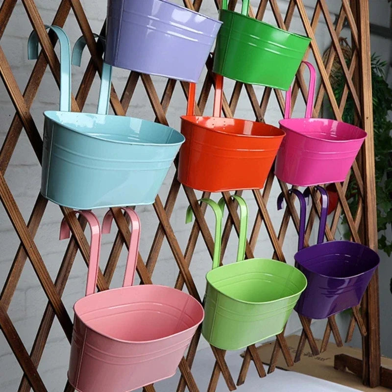 Wall Hanging Flower Pots with Detachable Double Hook Metal Bucket Planter for Railing Fence Balcony Garden Decorations